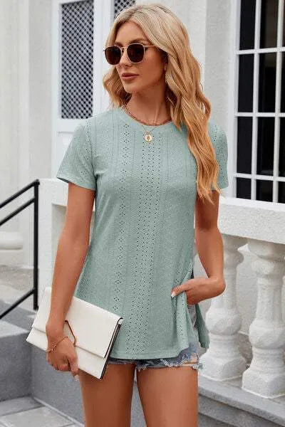 Eyelet Slit Round Neck Short Sleeve T-Shirt Women's T-Shirts - Tophatter Daily Deals
